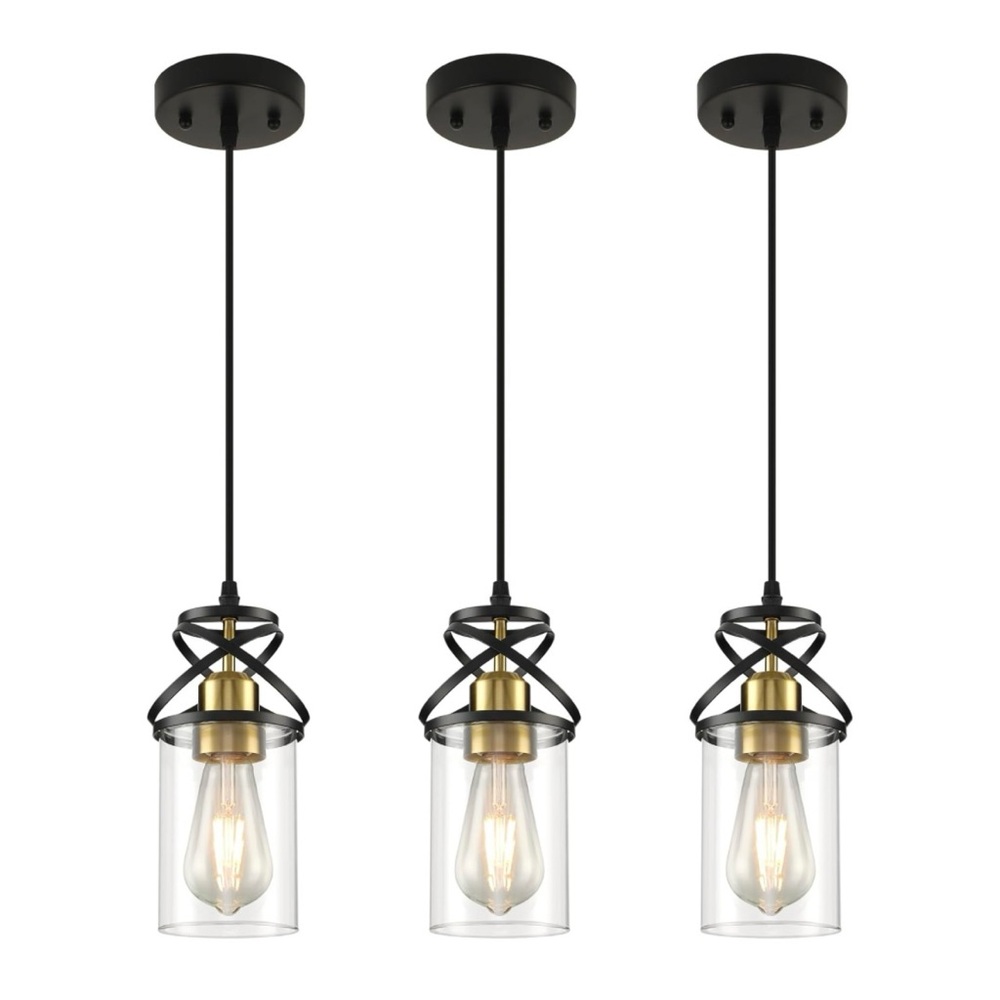 3 Piece Farmhouse Black and Gold with Glass Shades Pendant Light Trio NIB